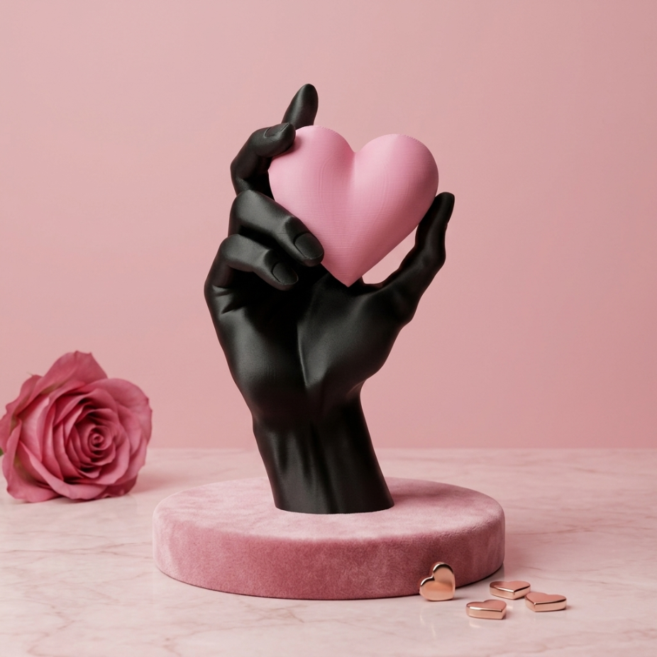 Черна ръка държи розово сърце, 3D фигура върху кадифена стойка, стилна декорация