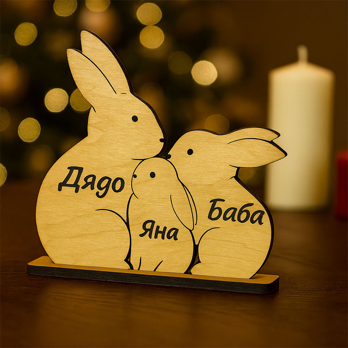 Персонализирана дървена декорация "Семейство Зайчета"