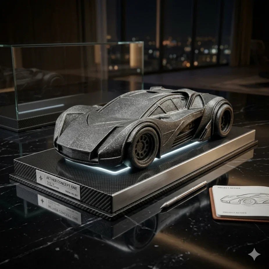 Детайлна 3D фигура на спортен автомобил върху поставка, модерна декорация за автомобилни фенове.