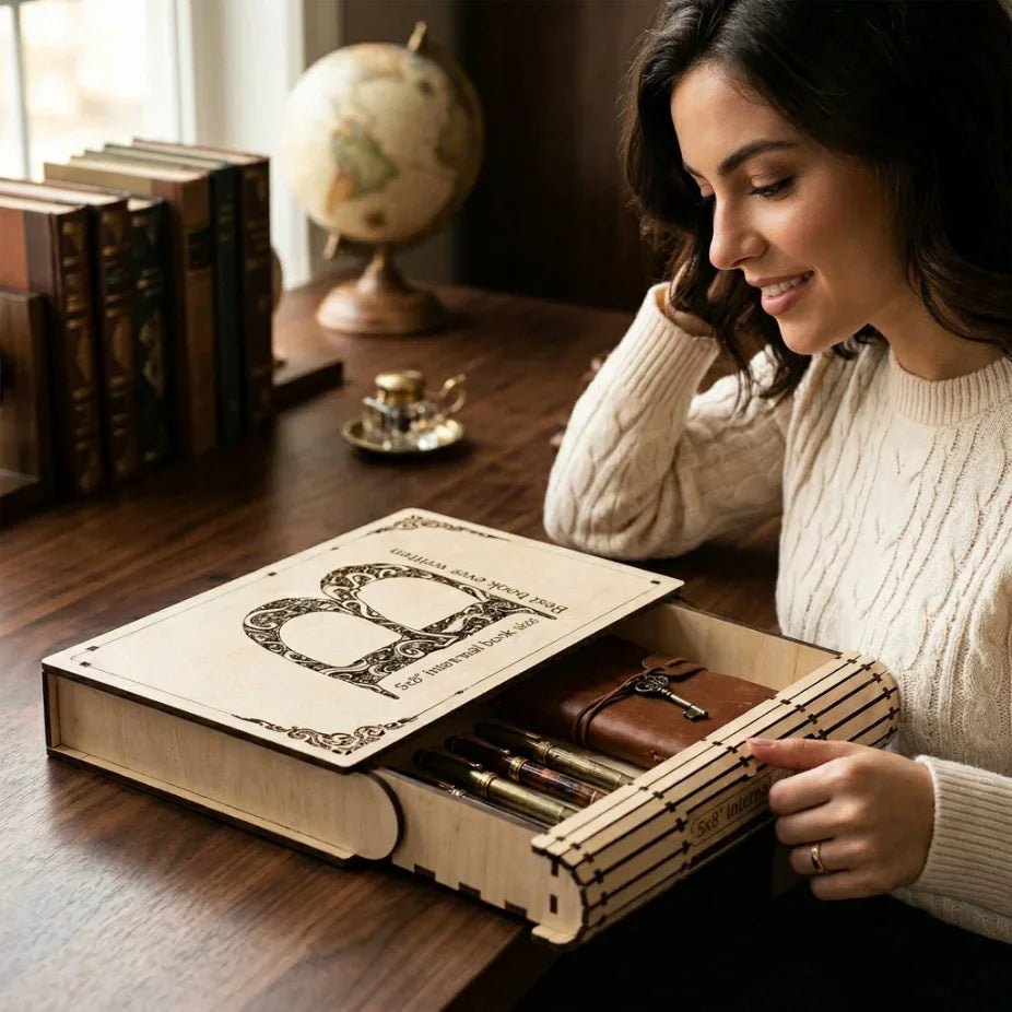 Дървена кутия във форма на книга с гравюра, стилна изненада, ръчна изработка от естествено дърво от exe.bg.