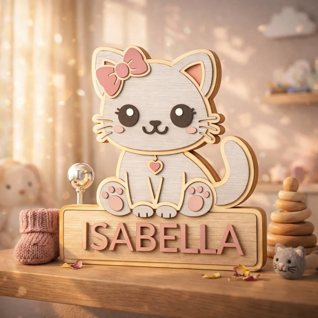Персонализирана дървена табела с коте и надпис Isabella в детска стая, идеален подарък.