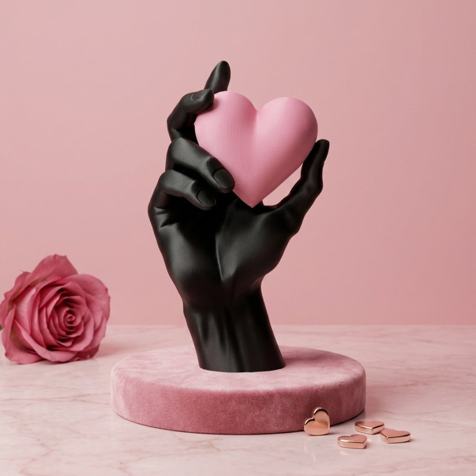 Черна ръка държи розово сърце, 3D фигура върху кадифена стойка, стилна декорация